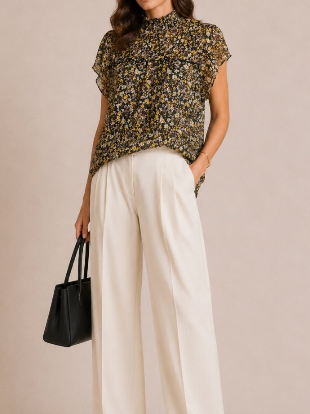 Floral Mock Neck Flutter Sleeve Blouse Tamara H Sz M